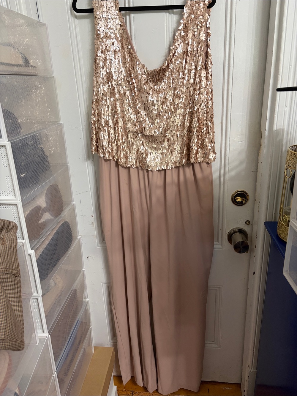 Elvi Rose Gold Sequin Bodice Blush Wide-Leg Jumpsuit